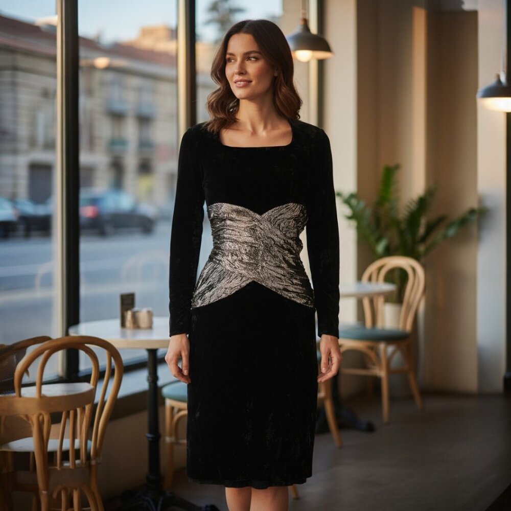 DESIGNER RICHARD WARREN BLACK GOLD LAME DETAIL LONG SLEEVE VINTAGE EVENING DRESS